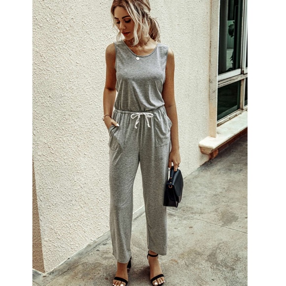 Casual Drawstring Waist Grey Jumpsuit - Picture 2 of 7